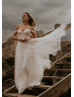 Off Shoulder Ivory Glitter Lace Tulle Flowing Wedding Dress